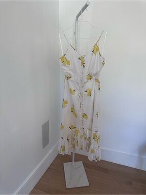 Rails Lemon Print Midi Dress, Linen Blend, Tie Waist Button Front Summer Dress